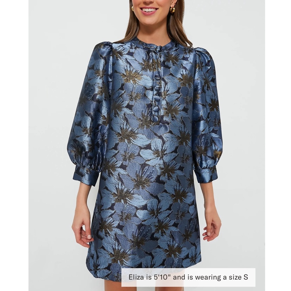Tuckernuck Blue and Black Floral Jacquard Puff-Sleeve Shift Dress